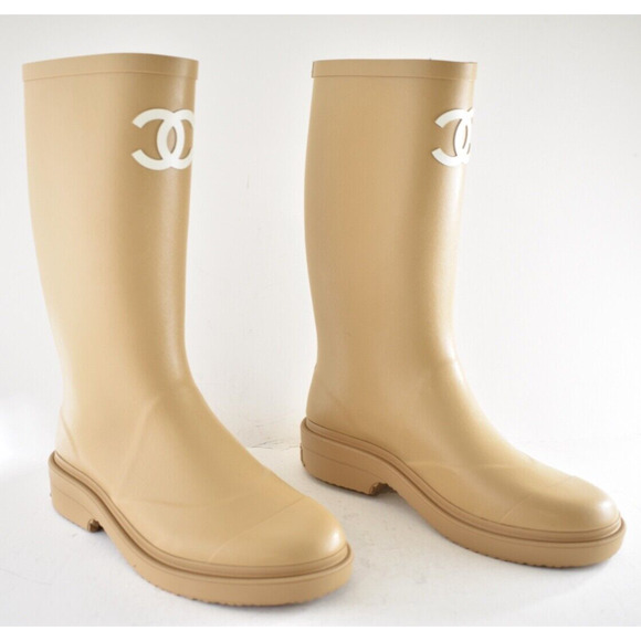 Chanel REV Beige White Wellington Wellies CC Logo Pull On Rubber Rain Boots 41 - Picture 12 of 16